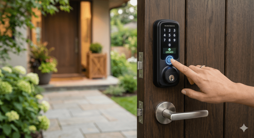 Modern black smart lock with a glowing touchscreen keypad installed on a wooden front door, showing a person unlocking it with a fingerprint scanner.
