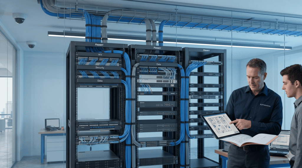 Two ELV engineers review a digital building layout on a tablet next to neatly organized server racks with blue and grey structured cabling in a modern data center