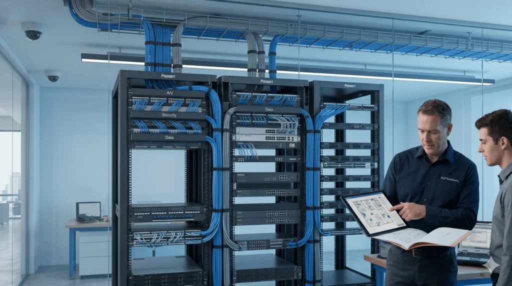 ELV engineers reviewing structured cabling and server rack infrastructure using a tablet
